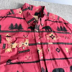 Outdoor Life Red Button-Down Shirt with Black and Gold Motifs